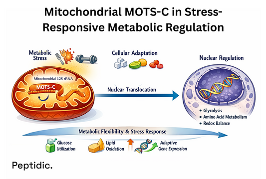 Diagram showing MOTS-C released from mitochondria under metabolic stress and moving to the nucleus to regulate metabolic genes.