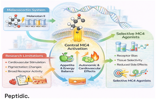 Melanotan II activating central MC4 receptors, showing appetite control, energy balance, cardiovascular effects, research limitations, and development of selective MC4 agonists.