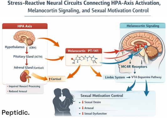 Schematic representation of stress-reactive neural circuits connecting HPA-axis activation, melanocortin signaling, and sexual motivation control.