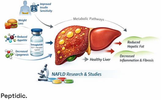 Semaglutide GLP-1 infographic showing metabolic pathways, weight loss, and reduced liver fat in NAFLD research.