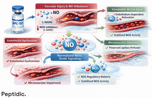 BPC-157 vascular signaling diagram showing normalization of nitric oxide pathways, restored endothelial function, and improved microvascular perfusion.