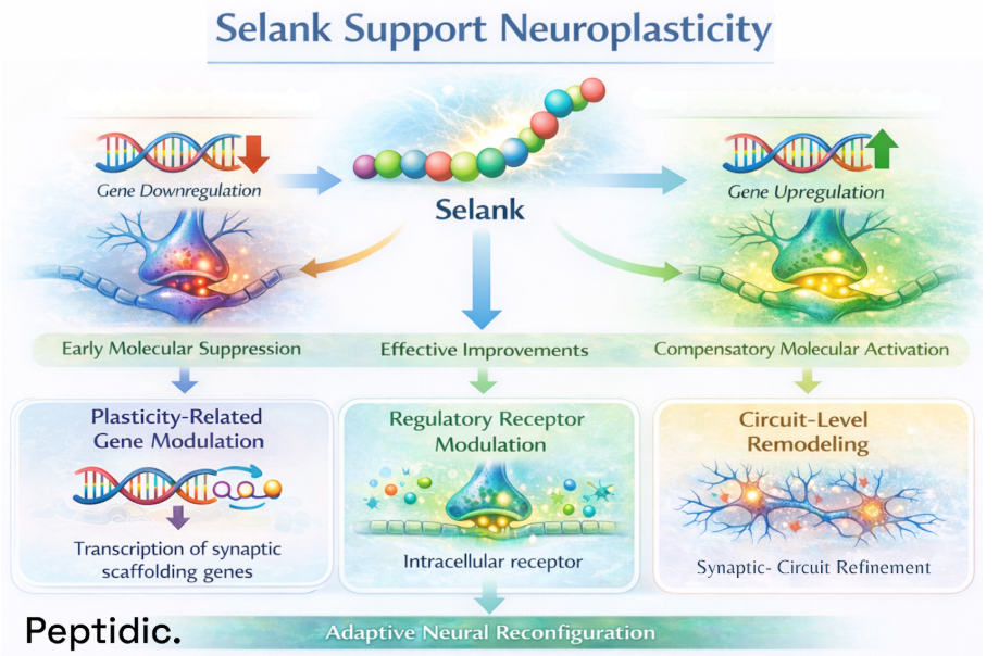 Selank neuroplasticity diagram showing gene regulation, synaptic modulation, receptor signaling, and adaptive neural circuit remodeling.