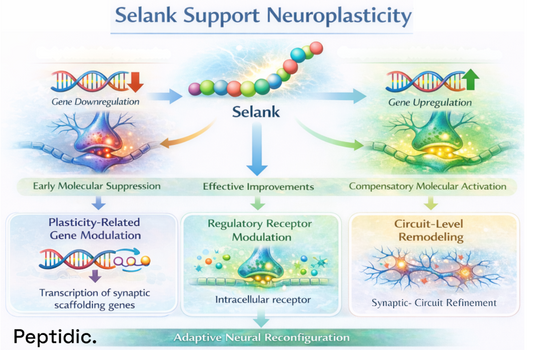 Selank neuroplasticity diagram showing gene regulation, synaptic modulation, receptor signaling, and adaptive neural circuit remodeling.