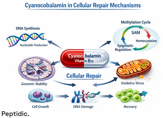 Cyanocobalamin cellular repair diagram showing vitamin B12 roles in DNA synthesis, methylation cycle, genomic stability, and oxidative stress recovery.