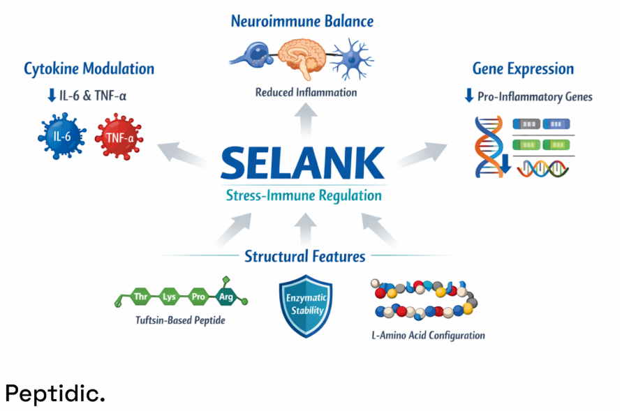 Selank stress-immune regulation diagram showing cytokine modulation (IL-6, TNF-α), reduced inflammation, neuroimmune balance, and gene expression control.