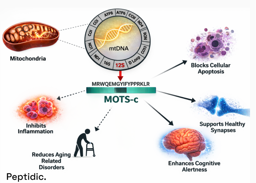 Infographic showing MOTS-c derived from mitochondrial DNA supporting cellular survival, reduced inflammation, and cognitive function.