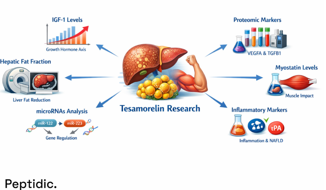 Infographic illustrating Tesamorelin research showing effects on liver fat reduction, IGF-1 signaling, muscle markers, and inflammatory pathways.