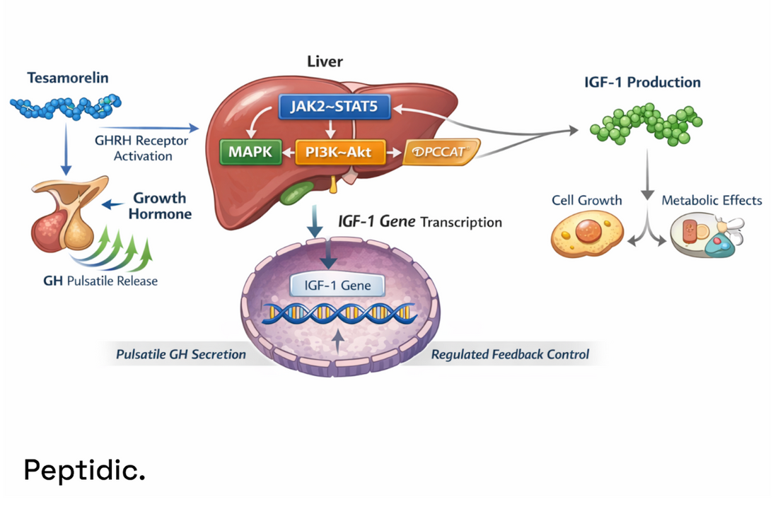 Diagram showing tesamorelin-induced pulsatile growth hormone signaling activating hepatic JAK2–STAT5 pathways to drive IGF-1 gene transcription and metabolic effects.