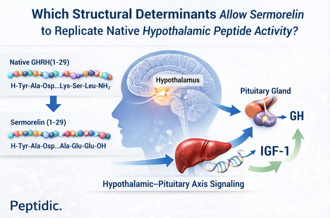 Diagram illustrates Sermorelin’s truncated peptide structure aligning with native GHRH to preserve hypothalamic–pituitary signaling.