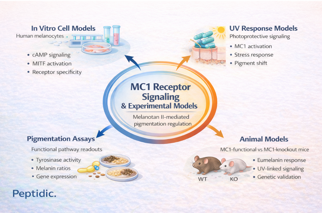 Infographic illustrating melanocortin-1 receptor signaling pathways involved in pigmentation control, UV response, and melanocyte regulation.